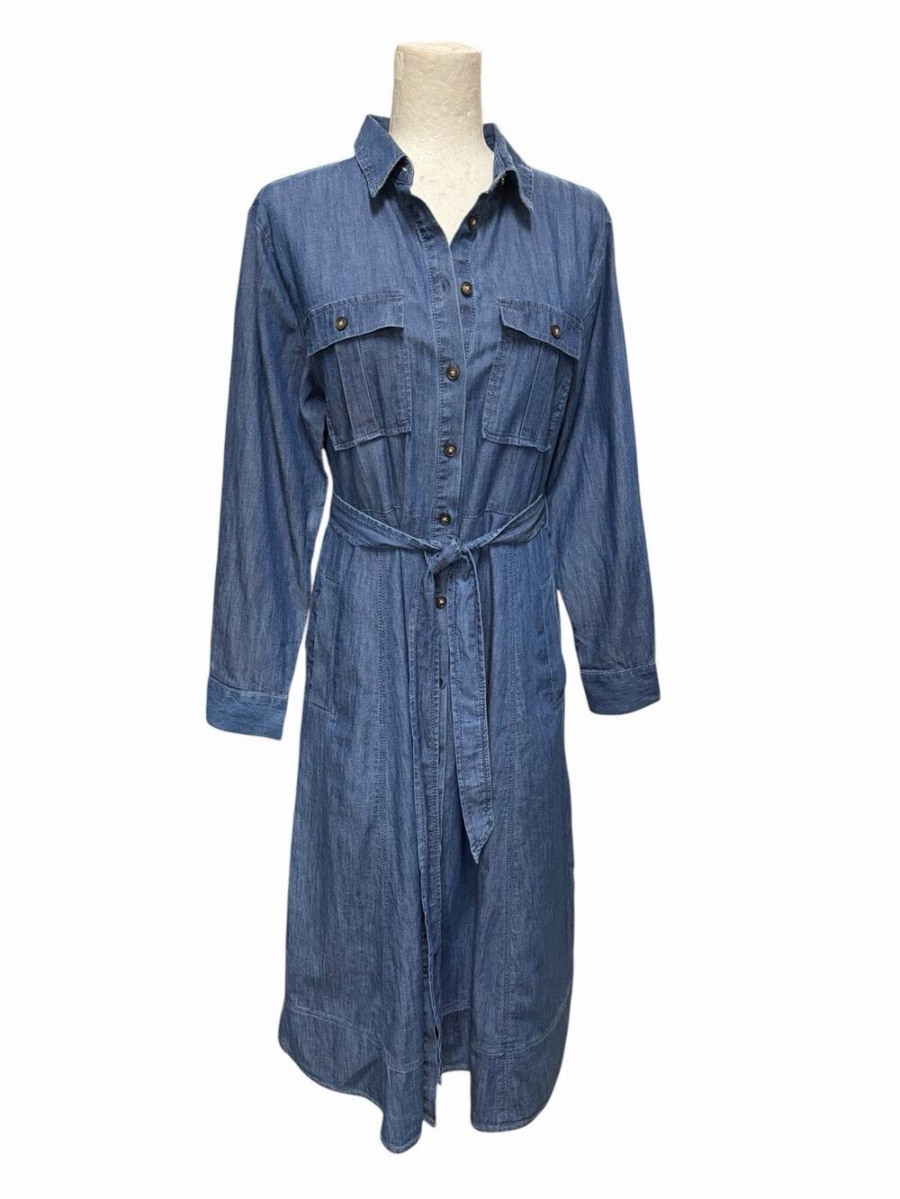 NWT Talbots Denim Chambray Belted Shirt Dress Long Sleeve Pockets Petite 10 10P